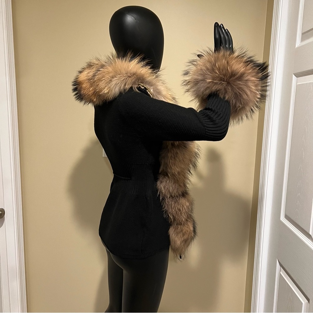 Real raccoon fur cardigan genuine fur collar trench coat parka jacket wool blaze - Picture 6 of 16